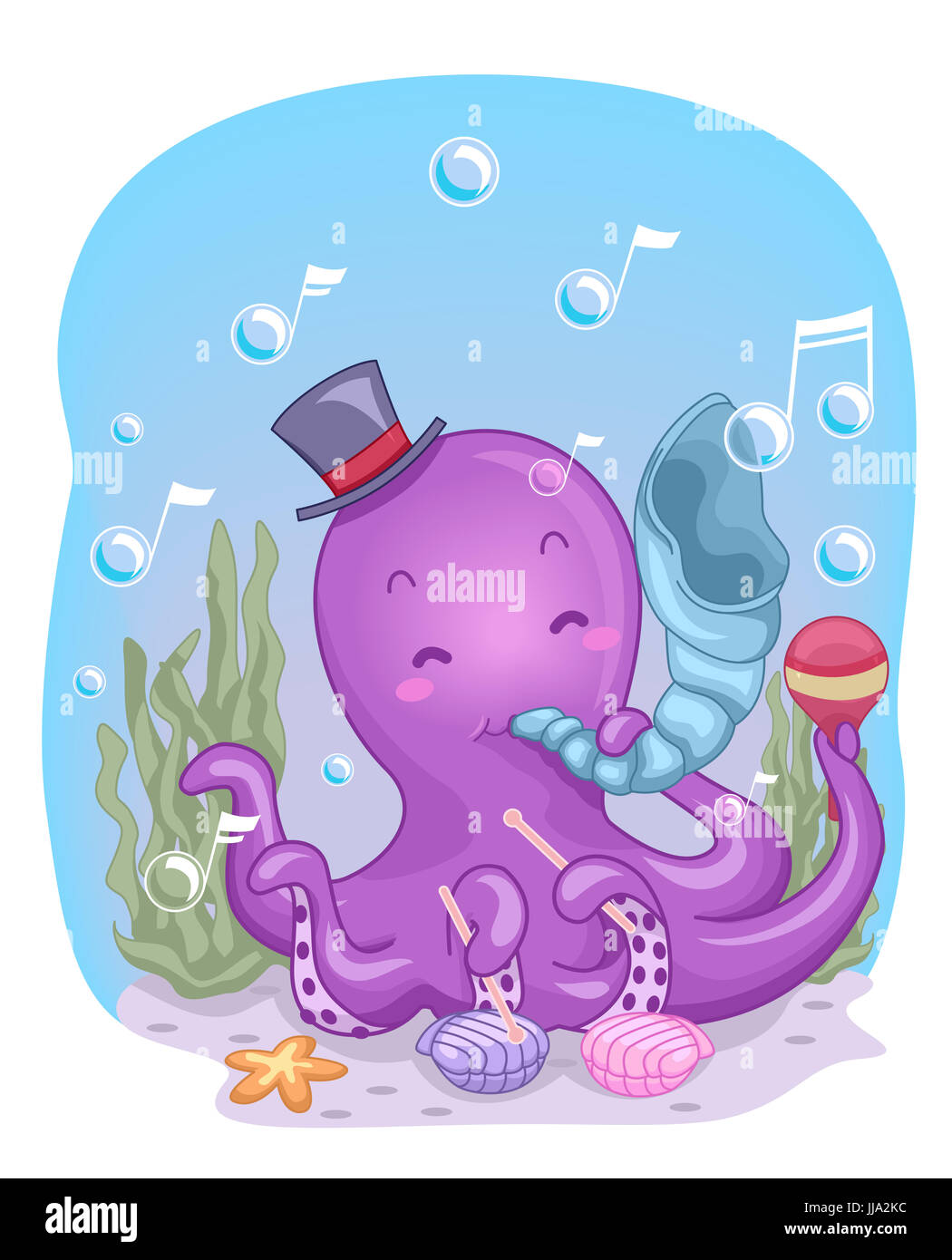 Bunte Unterwasser Illustration einer niedlichen Krake in einen Zylinder mit einer Muschel als ein Horn Stockfoto