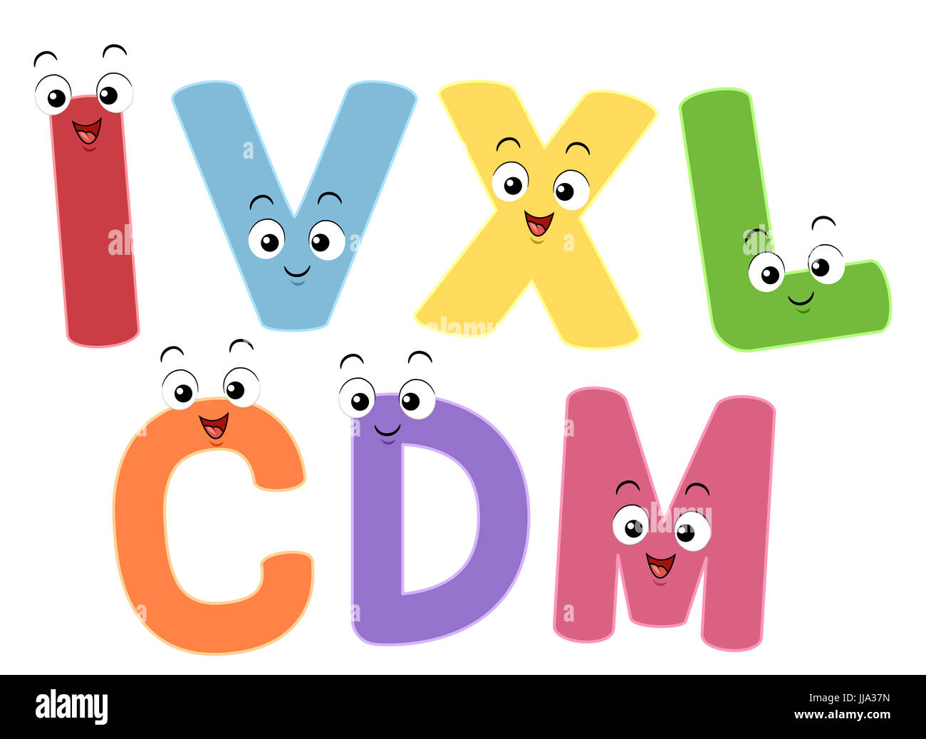 Bunte Illustration mit lächelnd Maskottchen repräsentieren die römische Ziffern Stockfoto