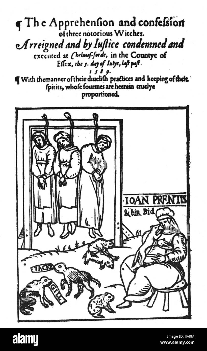 ESSEX WITCH TRIALS 1589 das Erhängen von Joan Prentice, Joan Cony und Joan Upney aus dem Pamphlet der Festnahme und Geständnis der drei berüchtigten Hexen veröffentlicht dieses Jahr. Sie sind mit ihrer "vertraute" einschließlich einer sitzenden Joan mit ihrem Frettchen gezeigt. Stockfoto