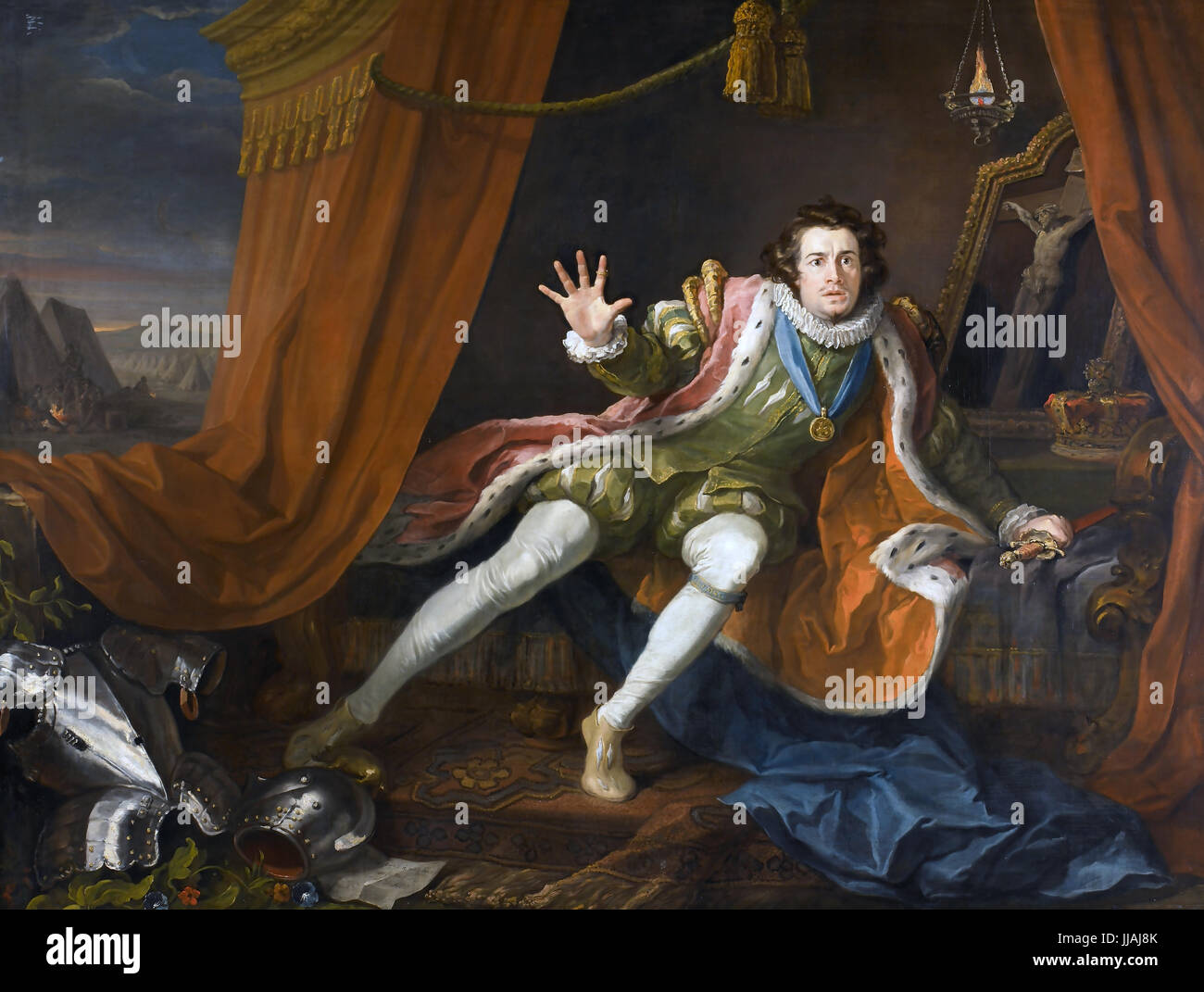 Englischer Schauspieler DAVID GARRICK (1717-1779) als Richard III Wachen vor der Schlacht von Bosworth in einem 1745-Gemälde von William Hogarth Stockfoto