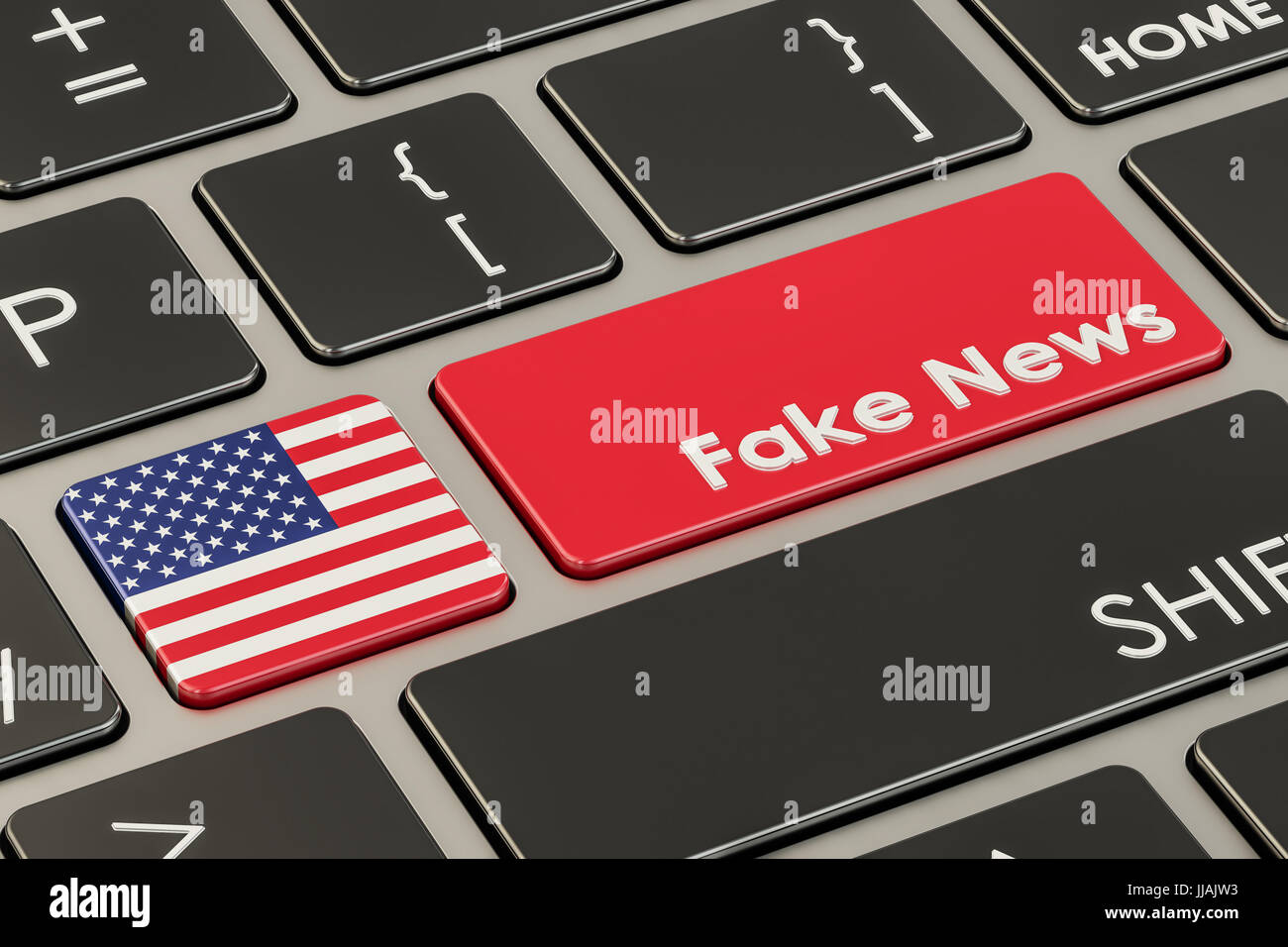 USA-gefälschte Nachrichten Taste, Taste auf der Tastatur. 3D-Rendering Stockfoto