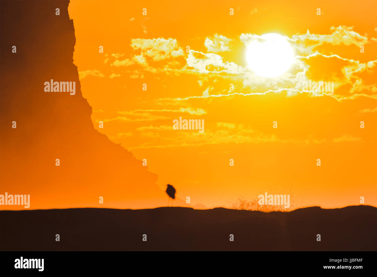 Aufgehenden Sonne gegen hohen felsigen Klippen der Landzunge von Garie Strand im Royal National Park in Australien bei Sonnenaufgang. Orange Sonne und Strahlen werfen Kontrast Stockfoto
