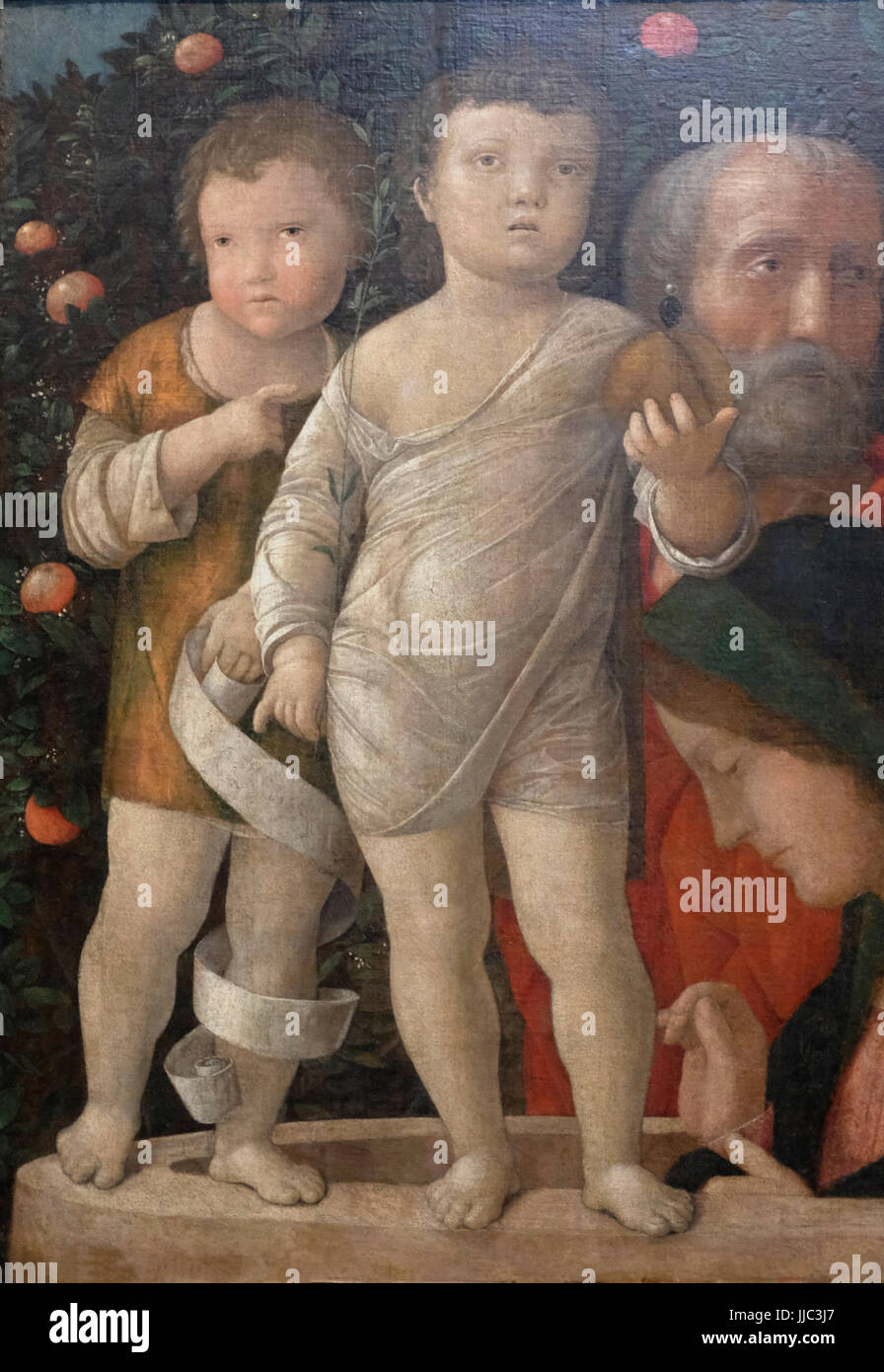 Die Heilige Familie mit dem Heiligen Johannes, um 1500 - Andrea Mantegna Stockfoto