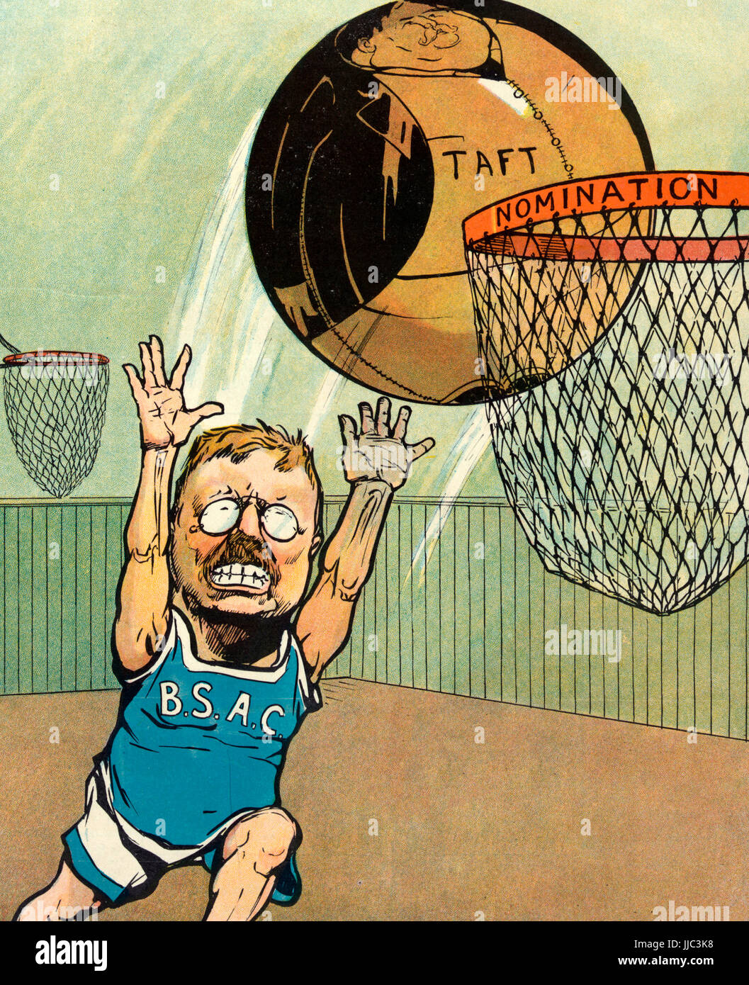 Ziel - Abbildung zeigt Theodore Roosevelt eine sportliche Uniform mit Buchstaben "BSAC" auf dem Hemd tragen, schießen einen großen Basketball aussieht und mit der Bezeichnung "Taft" gegenüber einem Korb mit der Bezeichnung "Nomination". Politische Karikatur, 1908 Stockfoto