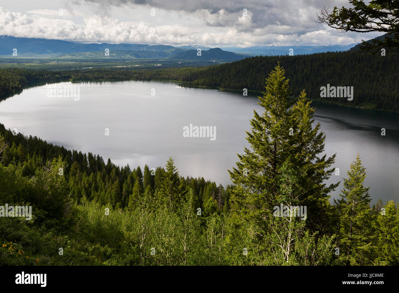 Gewitterwolken über Phelps See und Jackson Hole, gesehen von der Phelps Lake Overlook zu bauen. Grand Teton Nationalpark, Wyoming Stockfoto