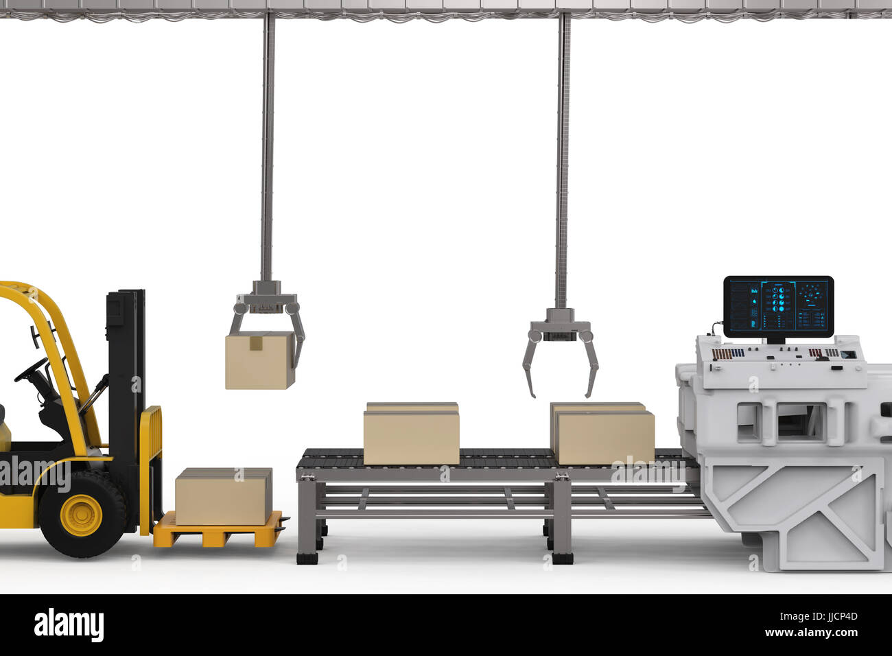 3D Rendering Roboterarme mit Kartons und Gabelstapler Stockfoto