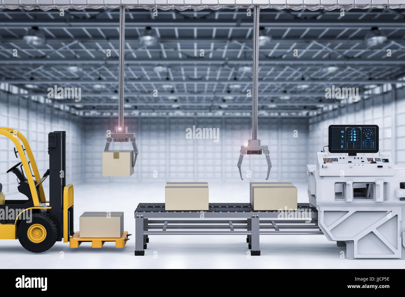 3D Rendering Roboterarme mit Kartons und Gabelstapler Stockfoto