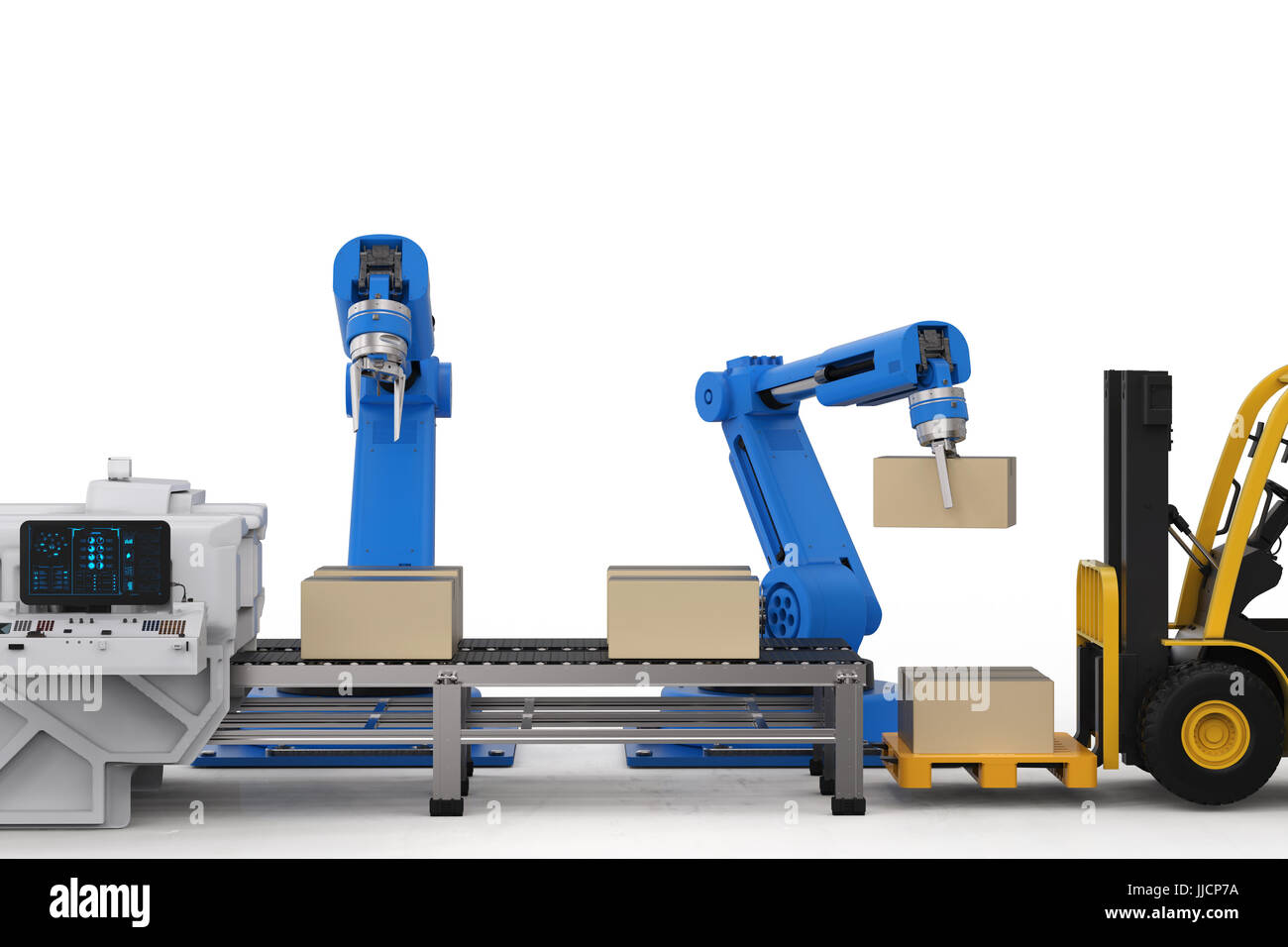 3D Rendering Roboterarme mit Kartons und Gabelstapler Stockfoto
