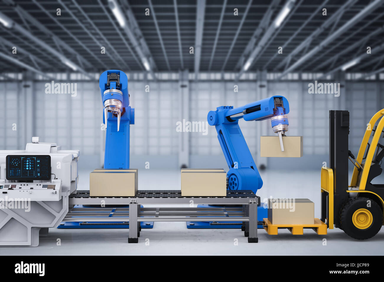 3D Rendering Roboterarme mit Kartons und Gabelstapler Stockfoto