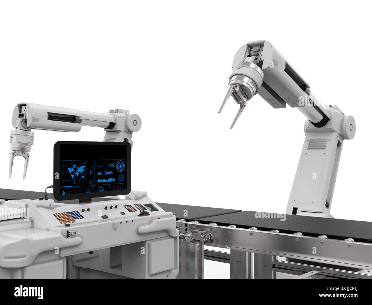 3D Rendering Display des Bedienfelds mit Roboterarme Stockfoto