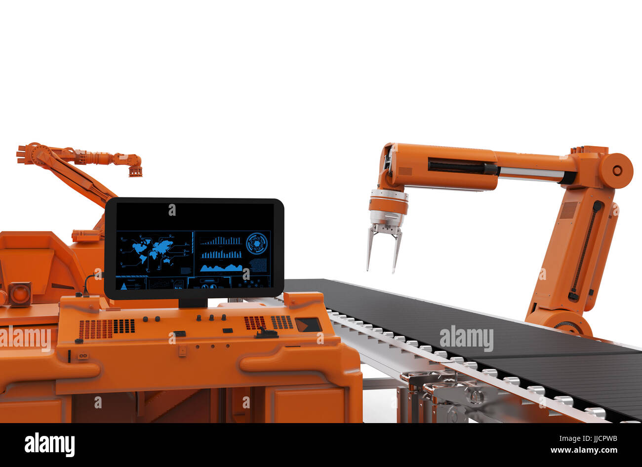 3D Rendering Display des Bedienfelds mit Roboterarme Stockfoto