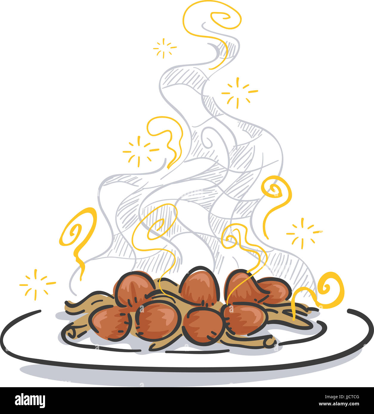 Skizzenhaften Abbildung einer Platte von gekochten Pilzen mit einem süßen Duft weht daraus Stockfoto