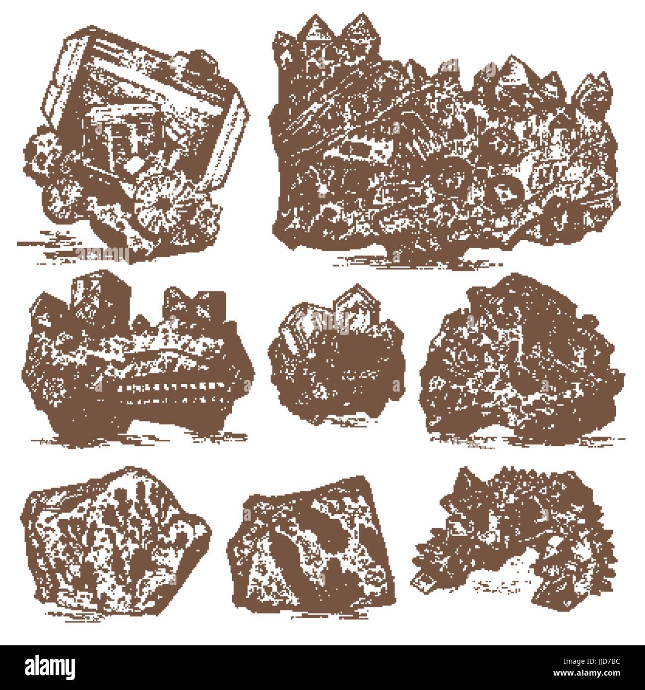 Versteinerte Pflanzen, Steinen und Mineralien, Kristalle, Urzeittiere, Archäologie oder Paläontologie. Fragment-Fossilien. gravierte handgezeichnete im alten Skizze und Vintage-Stil. Stock Vektor