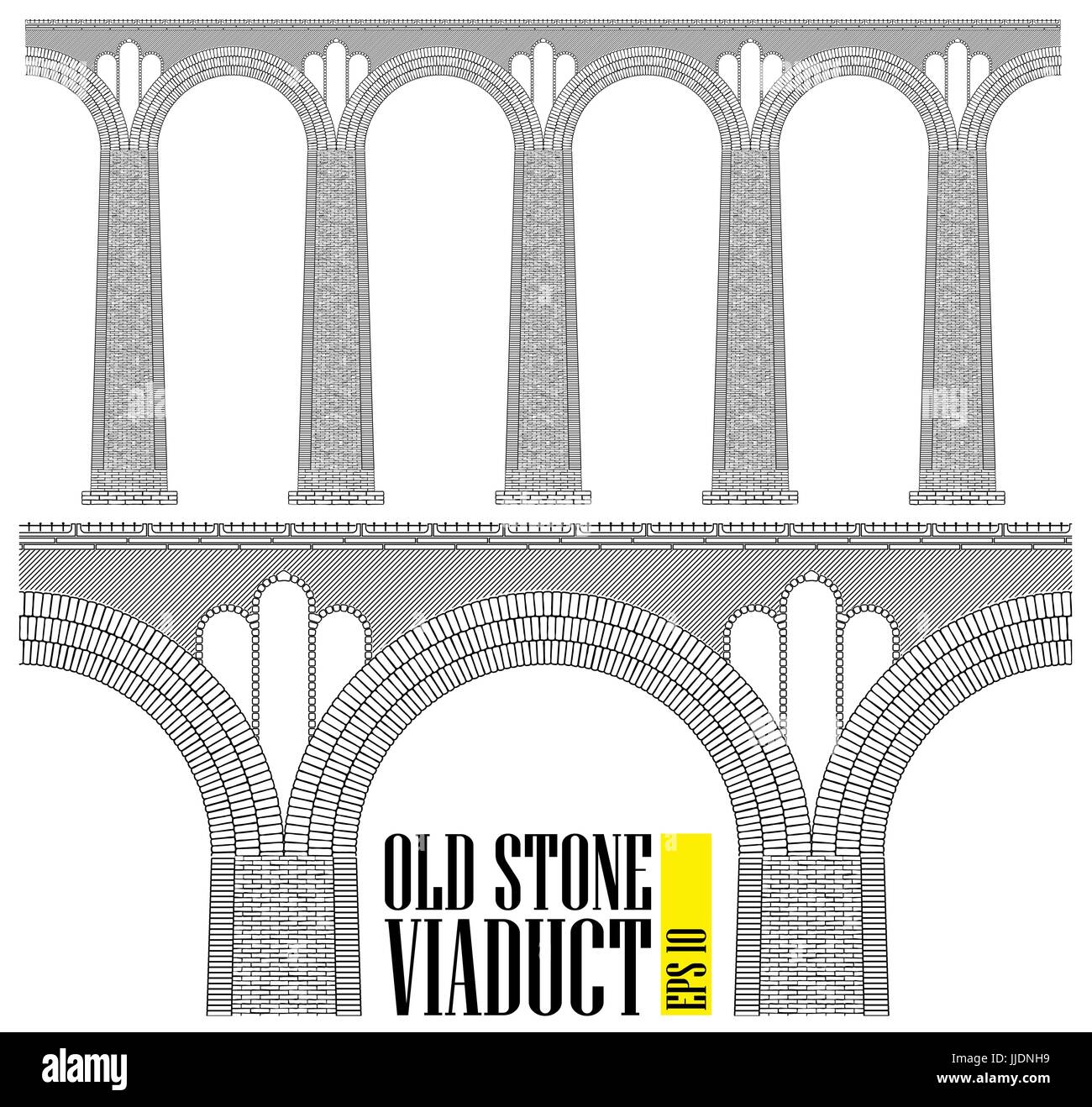 Eine alte hohe steinerne Viadukt. Gebaut aus Stein und Ziegel eine riesige Brücke. Auch die kleinsten Details sind sichtbar. Stock Vektor