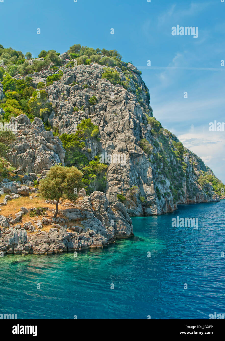 felsige Insel mit Bäumen umgeben von türkisblauem Wasser des Ägäischen Meeres an sonnigen Sommertag, Marmars, Türkei Stockfoto