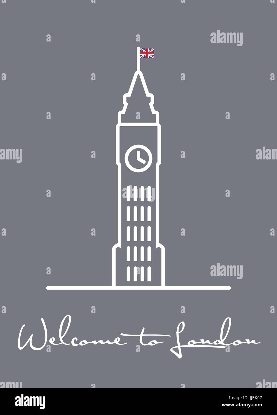 Willkommen bei London. Grußkarte-Vektor-Illustration mit big Ben Liniensymbol. Stock Vektor