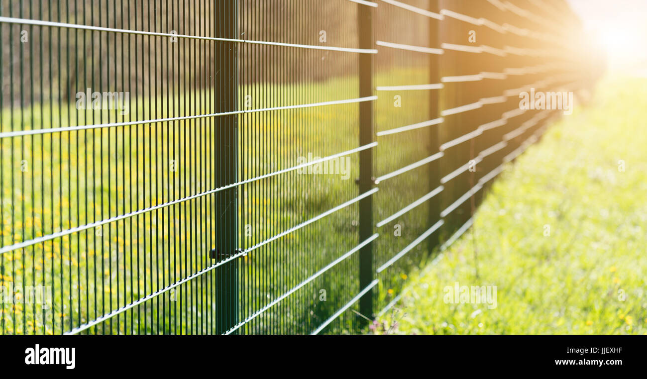 Metallzaun verlassen in der Perspektive mit der Sonne im Gras Hintergrund Stockfoto
