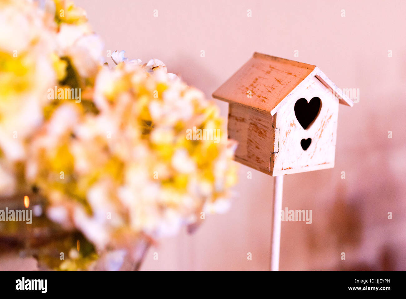 Detail der Baby-Dusche für Mädchen, Vogelkäfig und Blumenstrauß. Stockfoto