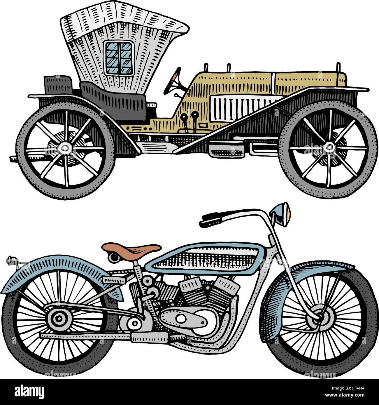 Klassisches Beispiel für Auto, Maschine oder Motor und Motorrad oder Motorrad. gravierte handgezeichnete im alten Stil Sketch, Oldtimer Transport. Stock Vektor