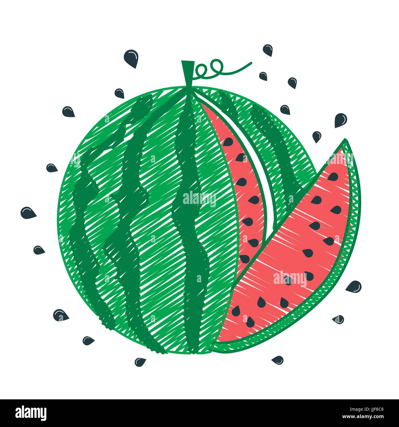 Kinder Zeichnung Wassermelone Symbol, Stück und Samen. Silhouette in der linearen Stil-Ikone Stock Vektor