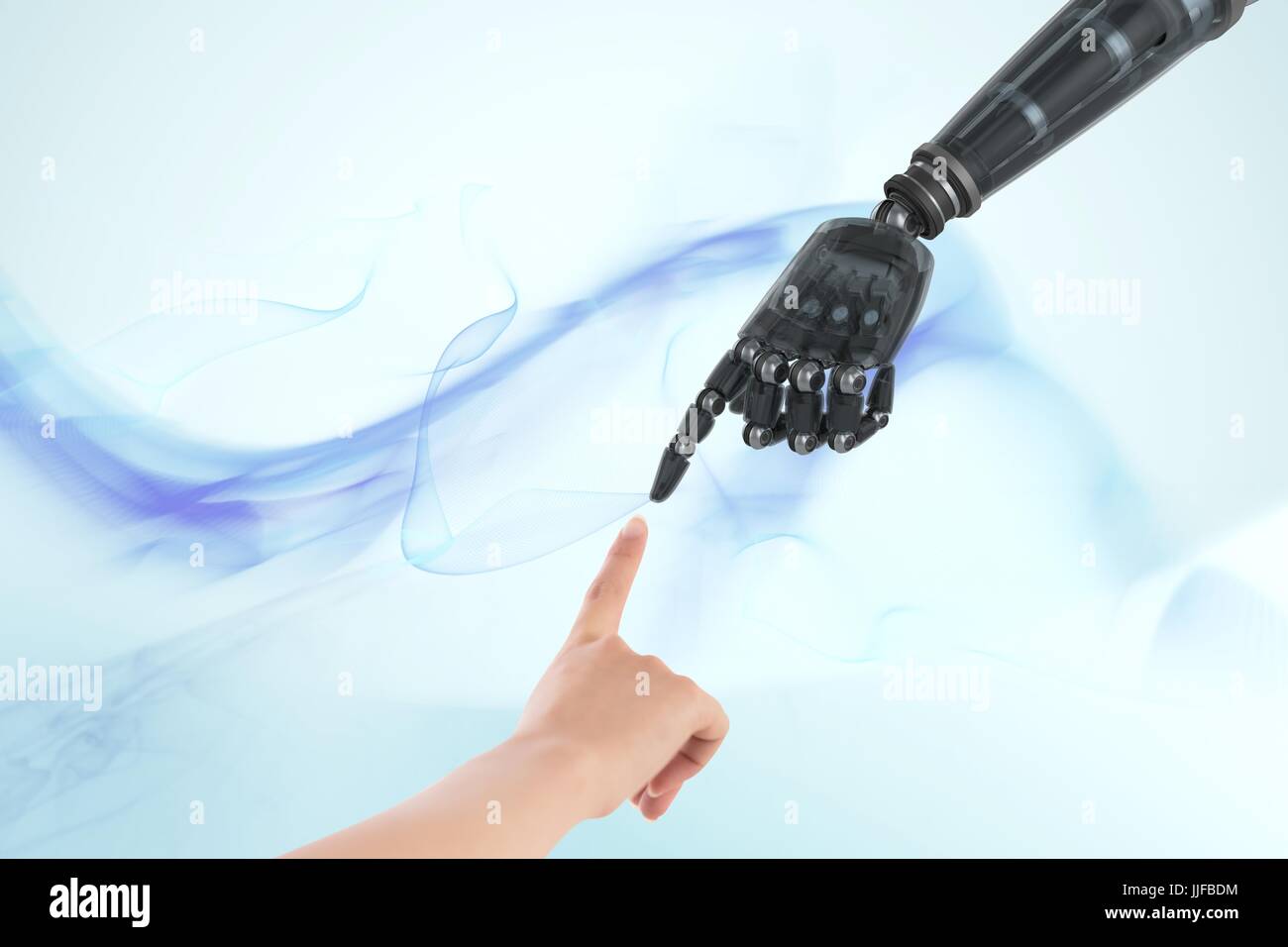 Digitalen Verbund von Mensch und Roboter-hand Stockfoto