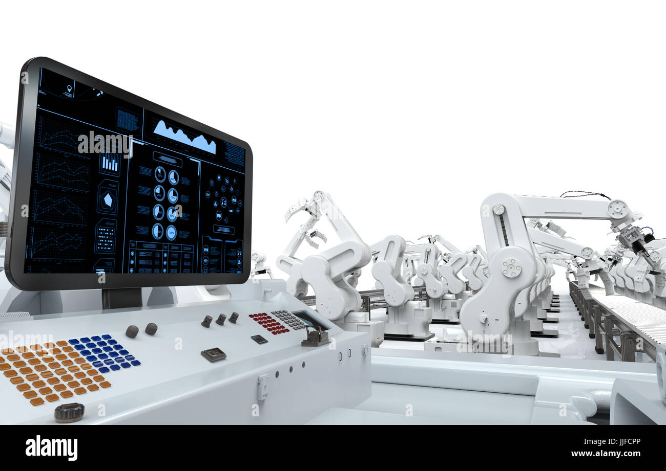 3D Rendering Display des Bedienfelds mit Roboterarme Stockfoto