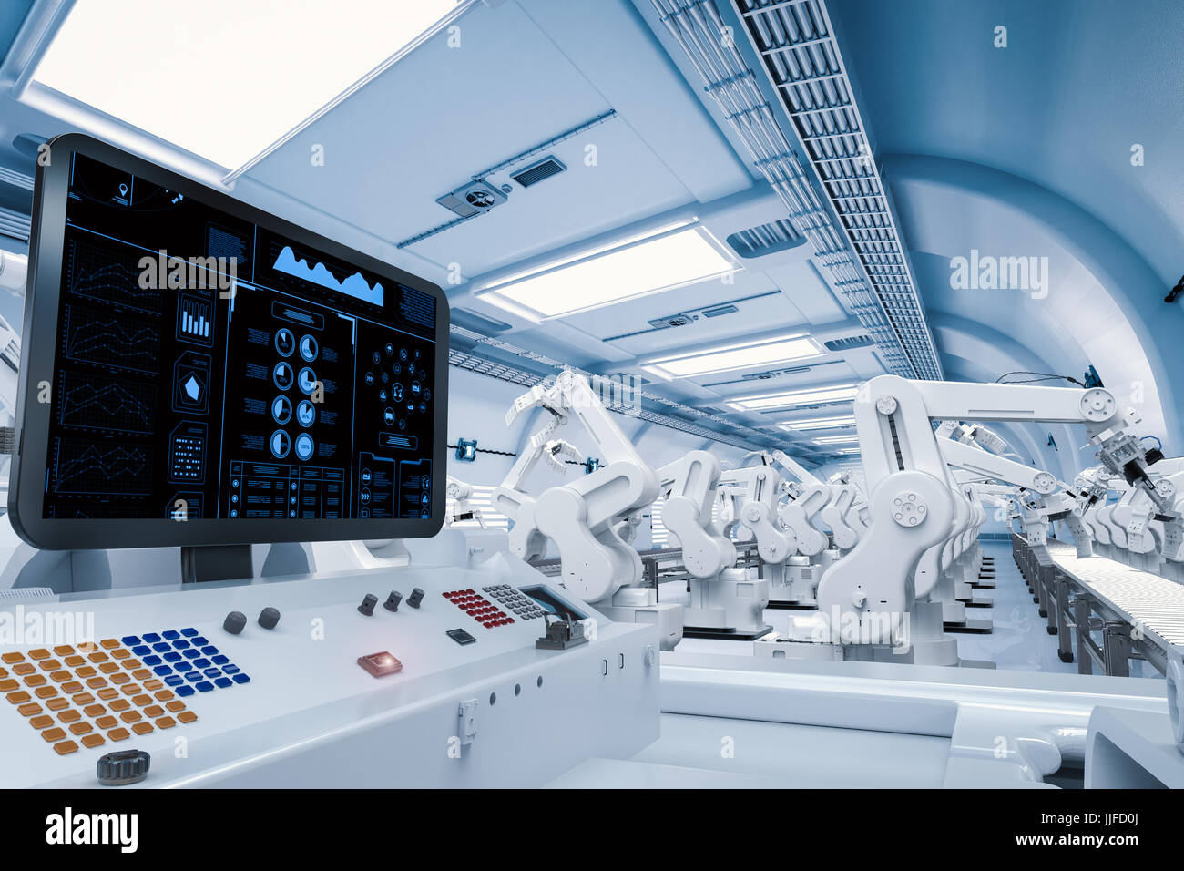 3D Rendering Display des Bedienfelds mit Roboterarme Stockfoto