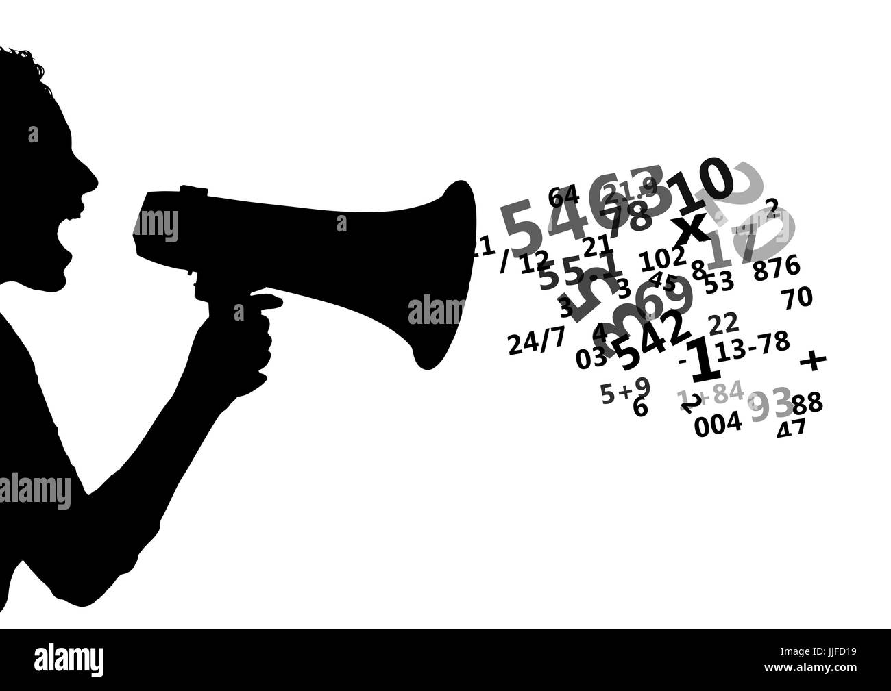 Digitalen Verbund von jemandem mit dem Megaphon-Silhouette mit Zahlen aus dem Megaphon schreien. Weiß zurück Stockfoto