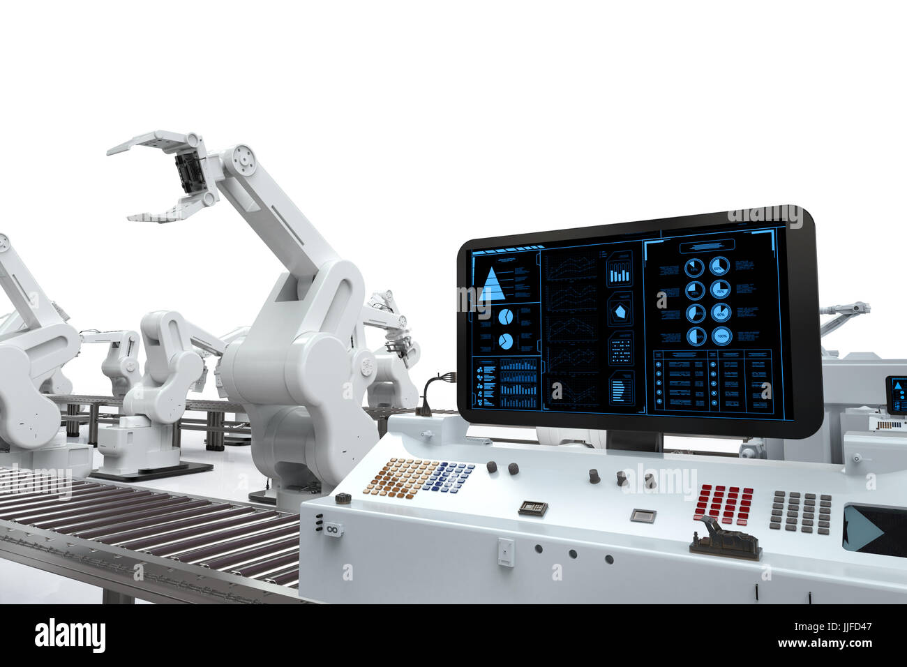 3D Rendering Display des Bedienfelds mit Roboterarme Stockfoto