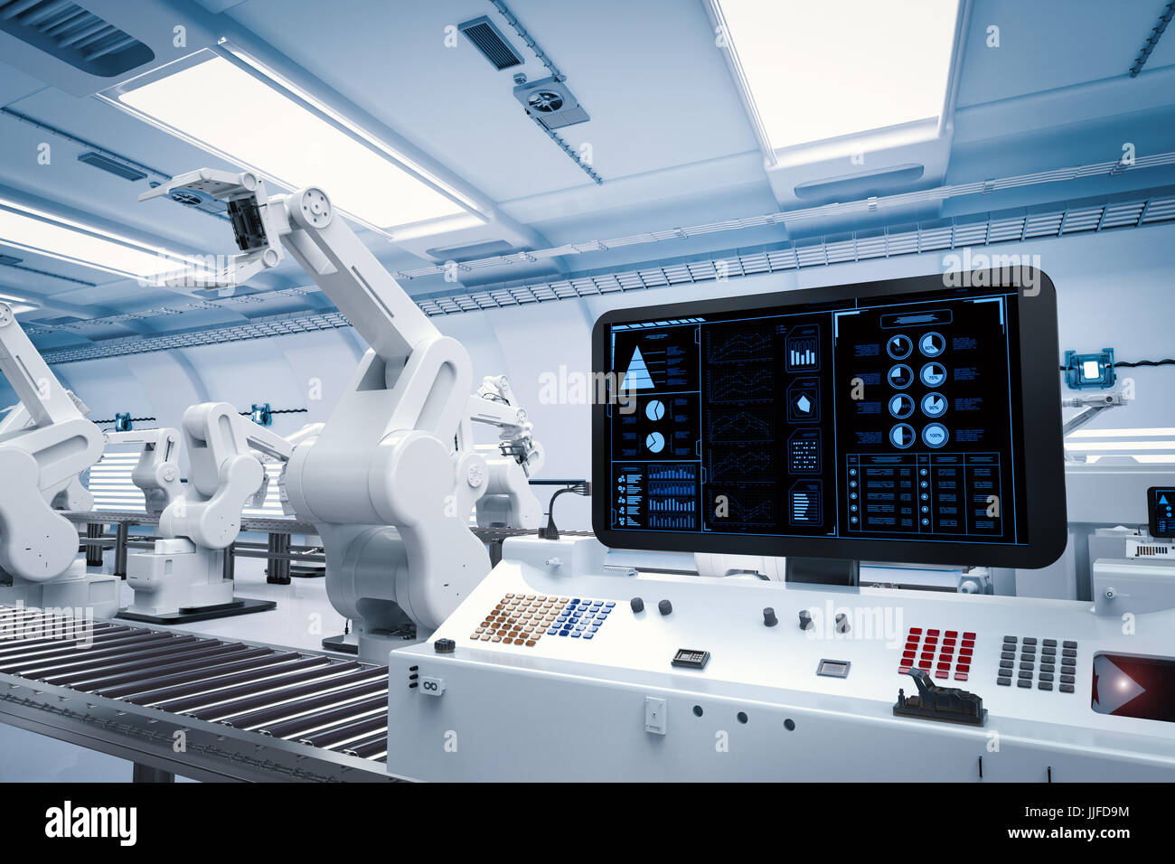 3D Rendering Display des Bedienfelds mit Roboterarme Stockfoto