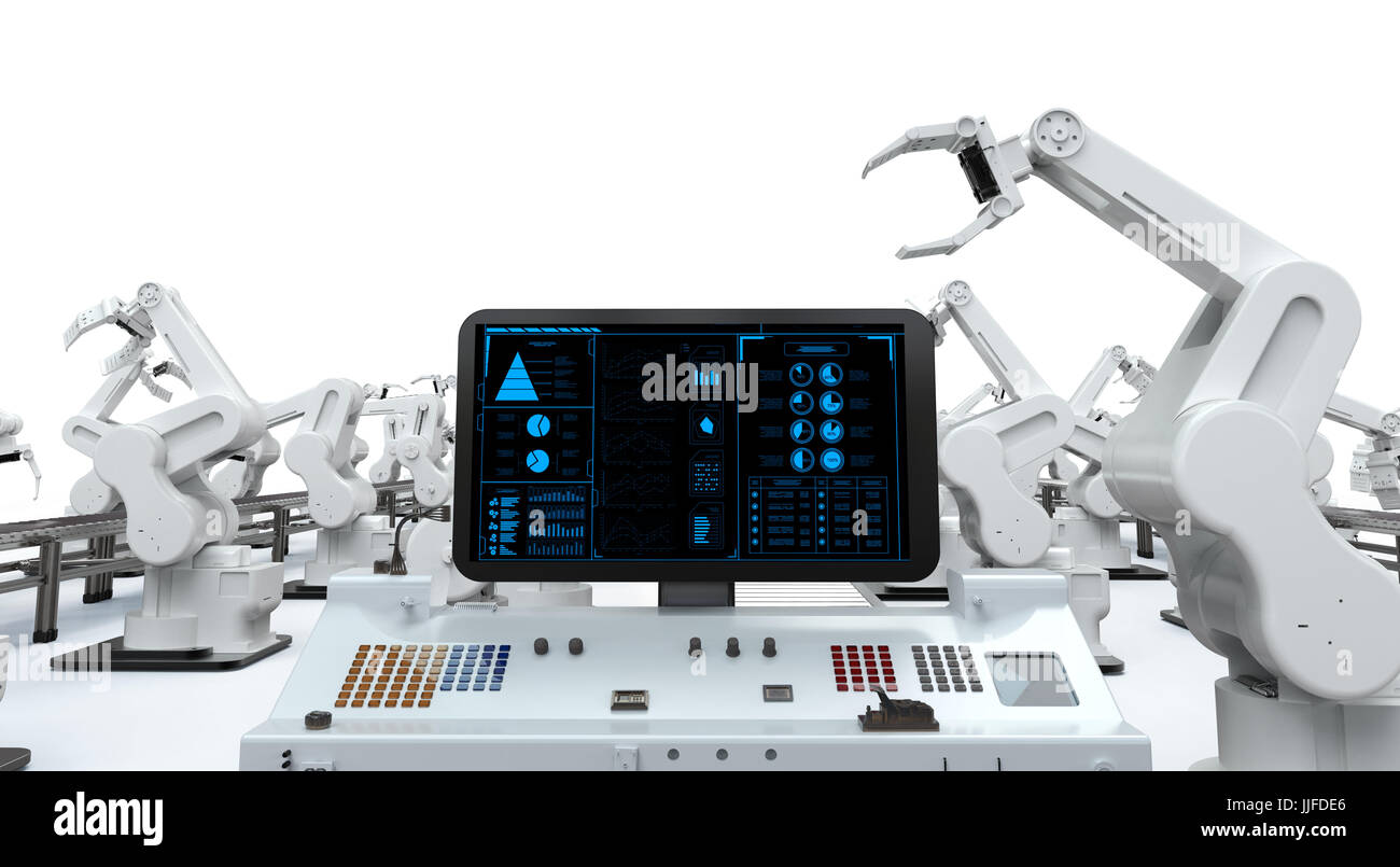 3D Rendering Display des Bedienfelds mit Roboterarme Stockfoto