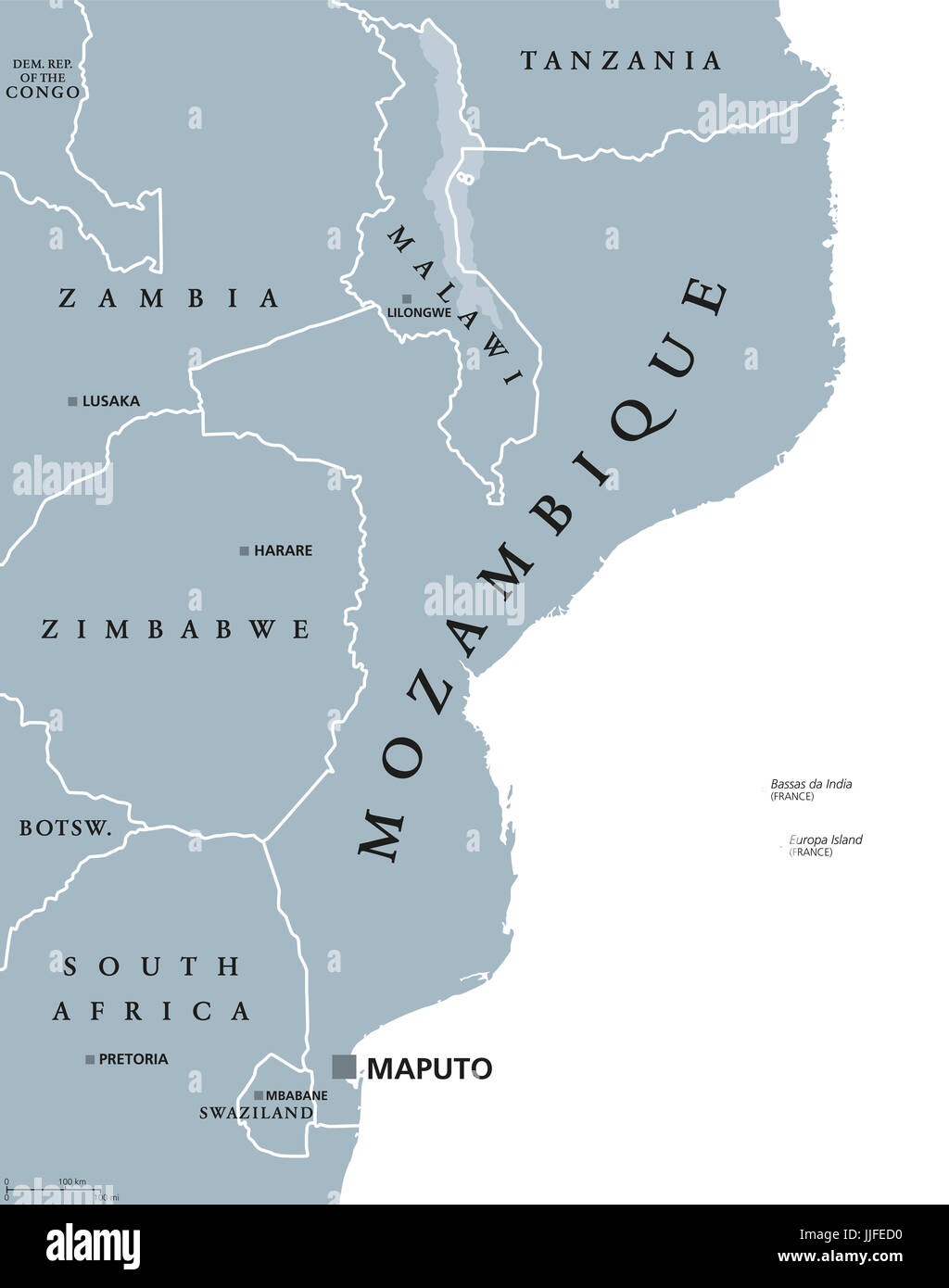 Mosambik politische Karte mit Hauptstadt Maputo. Republik und Land im Südosten Afrikas grenzt an den Indischen Ozean. Graue Abbildung isoliert. Stockfoto
