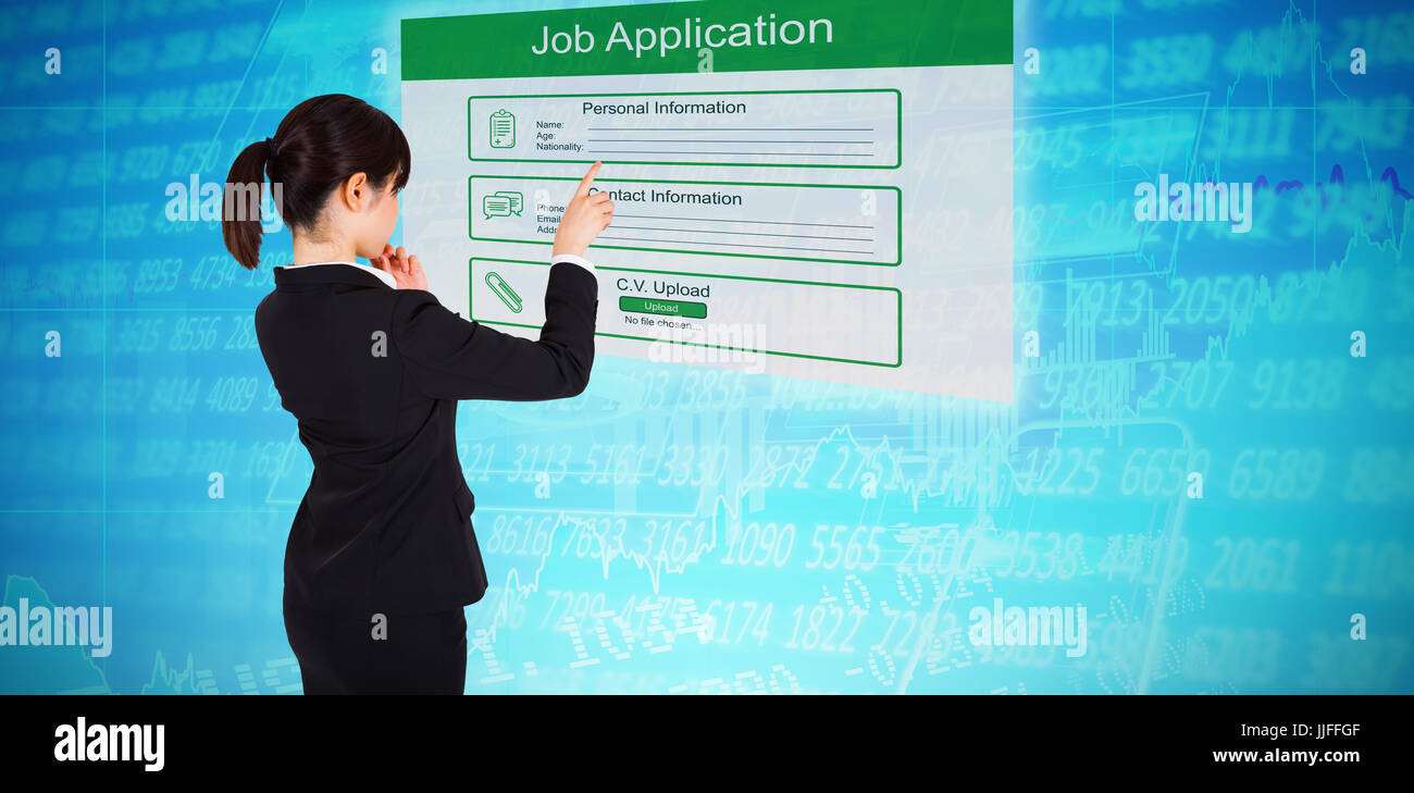 Nachdenklich Geschäftsfrau zeigt gegen Aktien Stockfoto