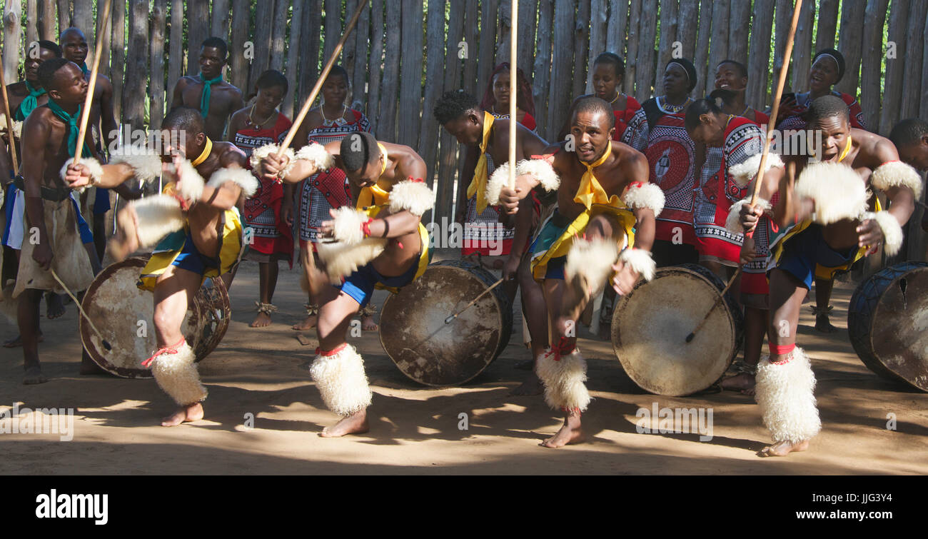 Vier Männer, die traditionelle Kick Tanz Mantenga kulturelle Dorf Swasiland Südafrika Stockfoto