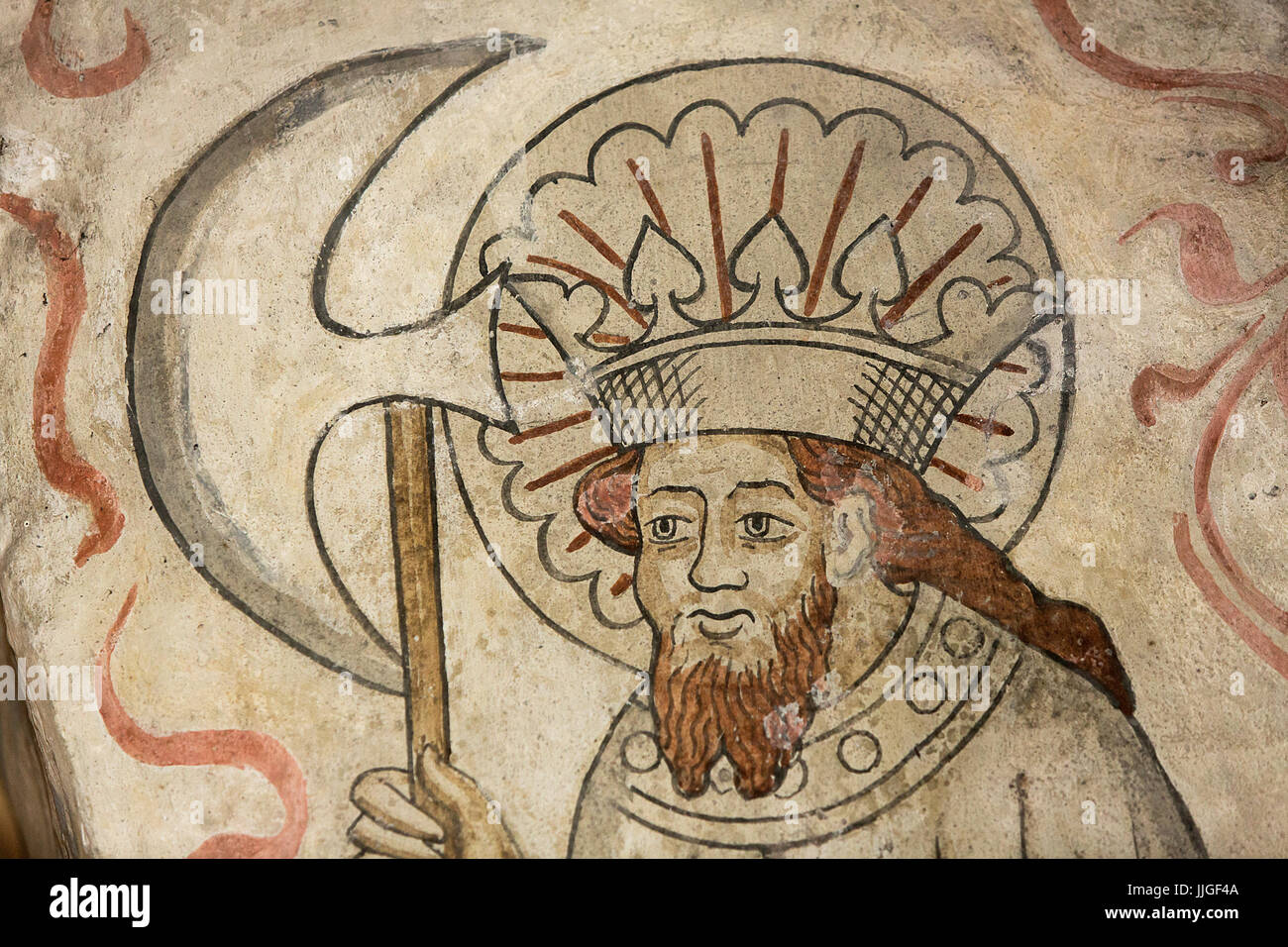Dänischen mittelalterlichen religiösen Fresken im 13. Jahrhundert gotisch Tuse Kirche Darstellung der Heilige König Olaf von der Isefjord Meister aus um Jahr 147 Stockfoto