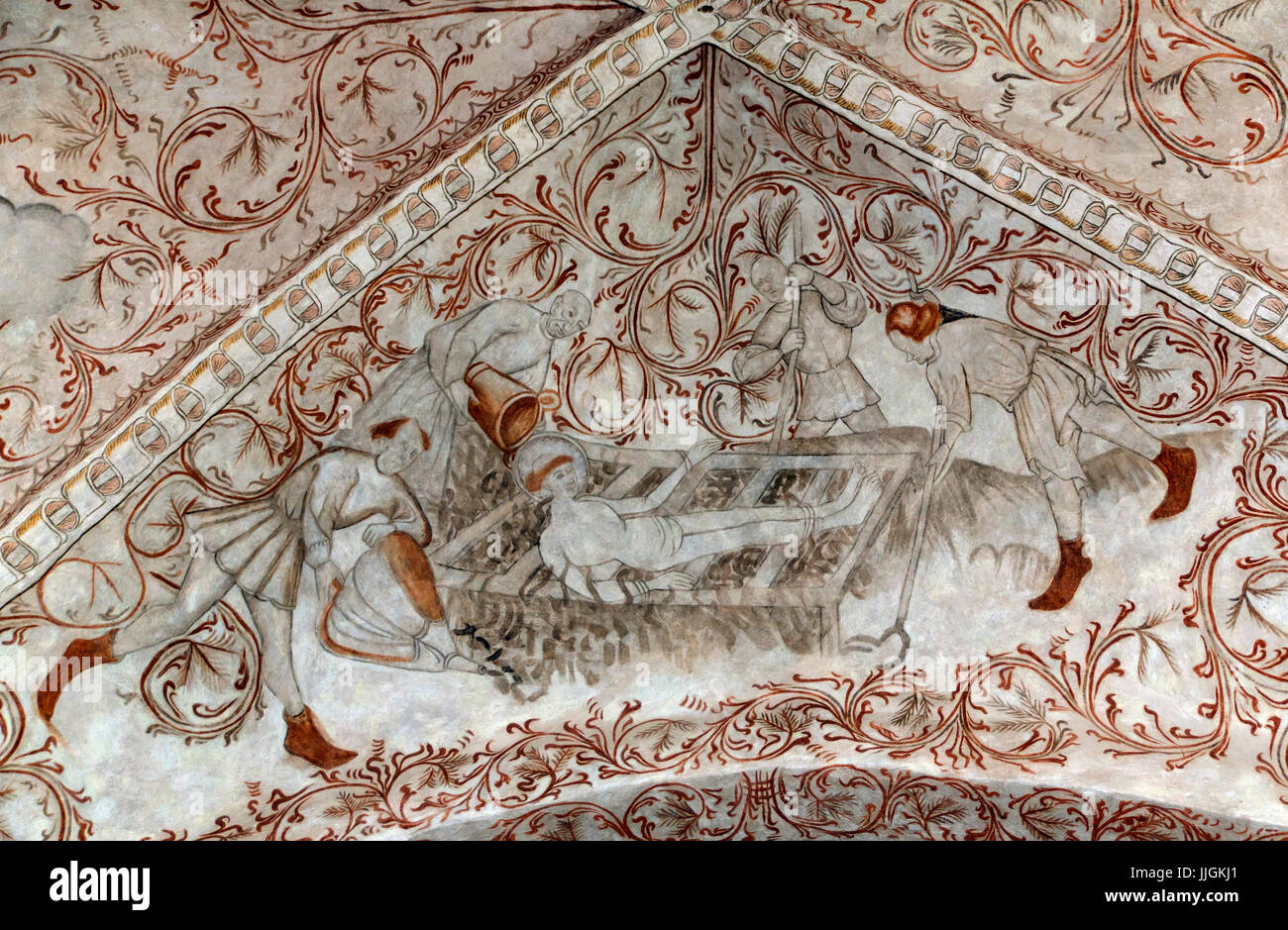 Dänischen mittelalterlichen religiösen Fresko St. Laurentius (Saint Lawrence) auf den Rost (10 August 258) in der Undloese Kirche der Isefjord Meister Stockfoto