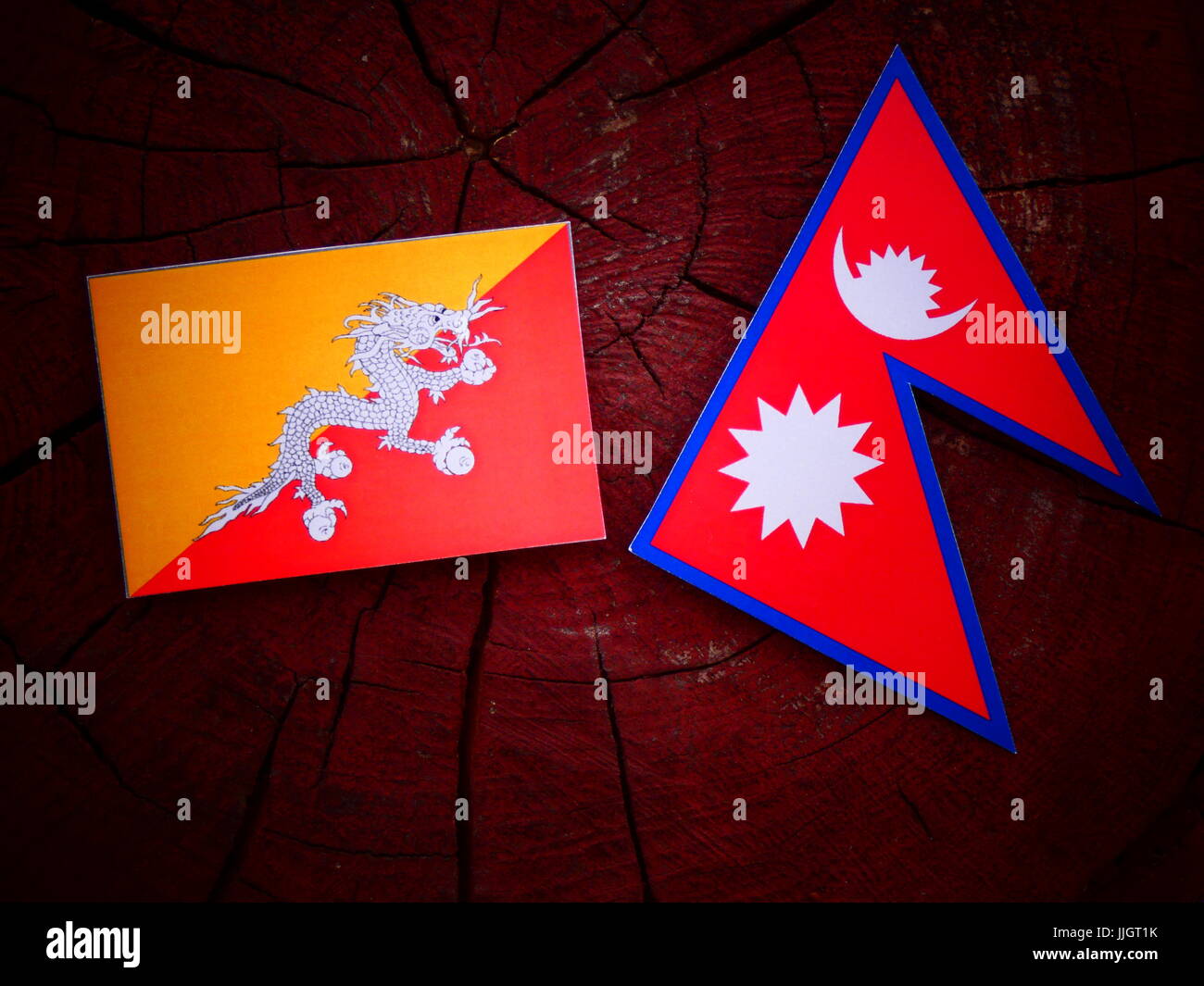 Bhutan Fahne mit Nepali Flagge auf einem Baumstumpf, isoliert Stockfoto