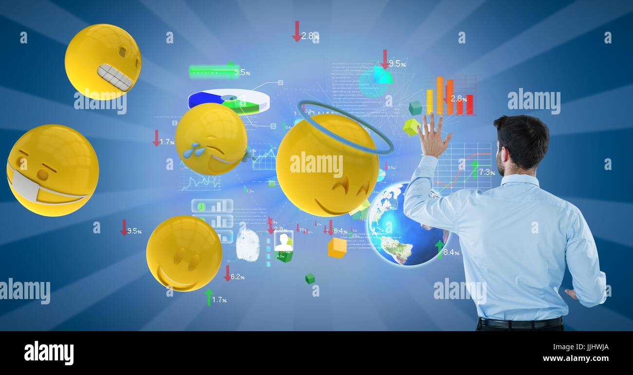 Geschäftsmann Analyse Diagramme auf blauem Hintergrund durch 3d verschiedene emojis Stockfoto