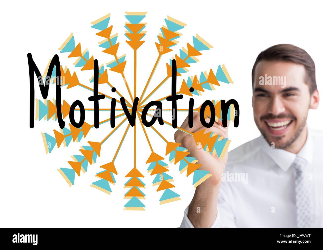 glückliche junge Geschäftsmann MOTIVATION auf dem Bildschirm schreiben. Stockfoto