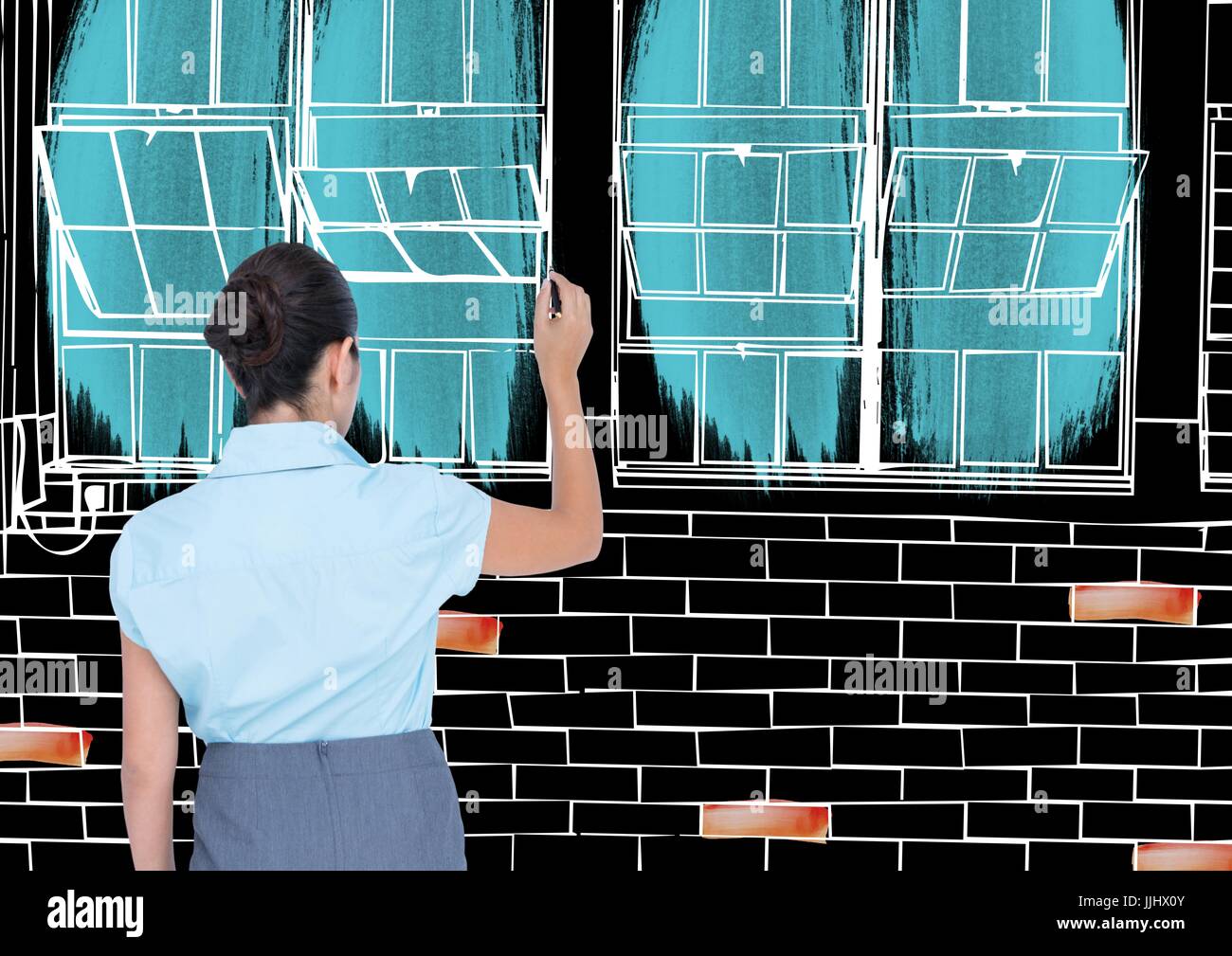 Frau Büro Ziehanlagen in negativen (schwarzen Rücken und weißen Linien) mit Farbdetails Stockfoto