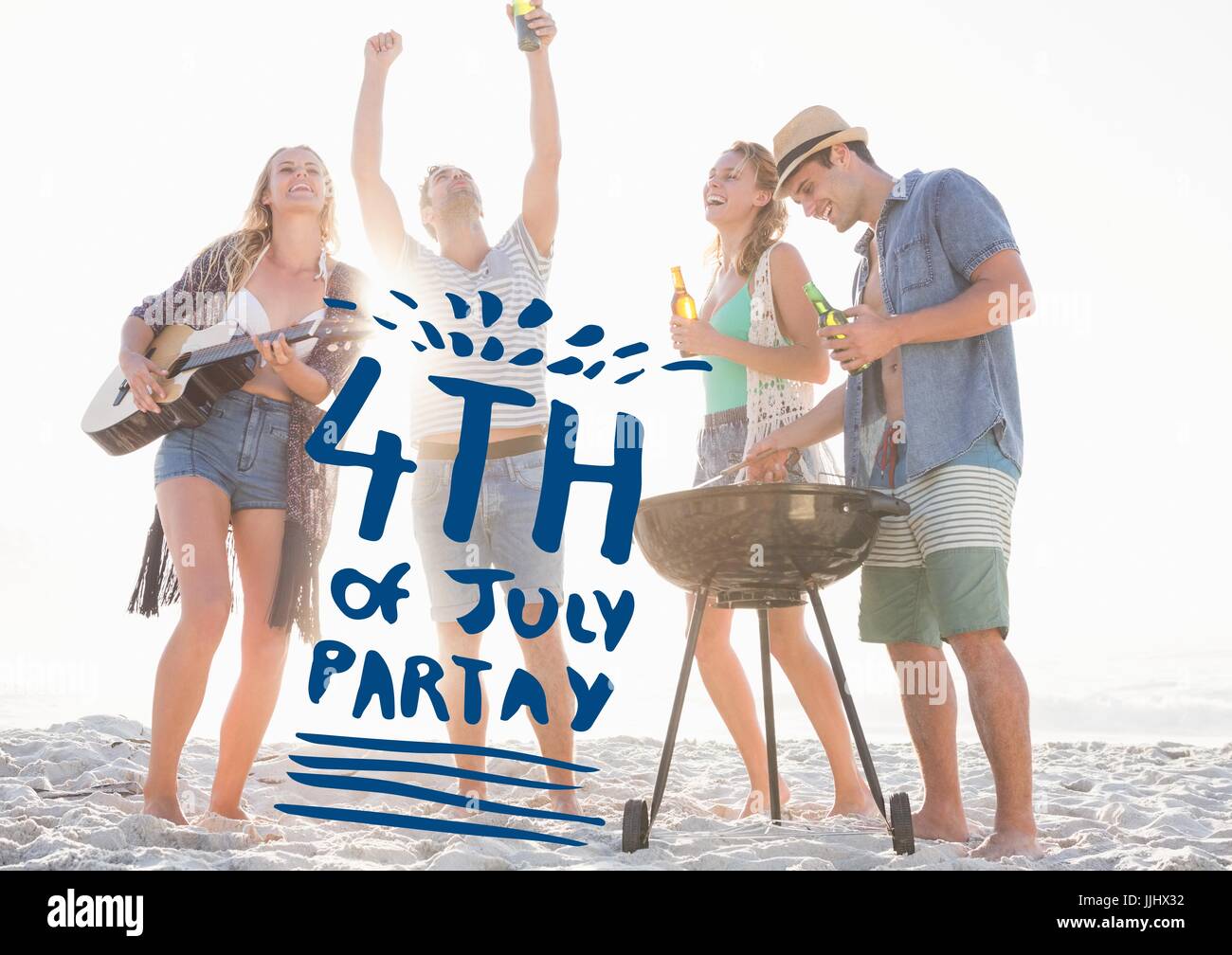 Blauen vierten Juli Grafik gegen Millennials bei Beachparty Stockfoto