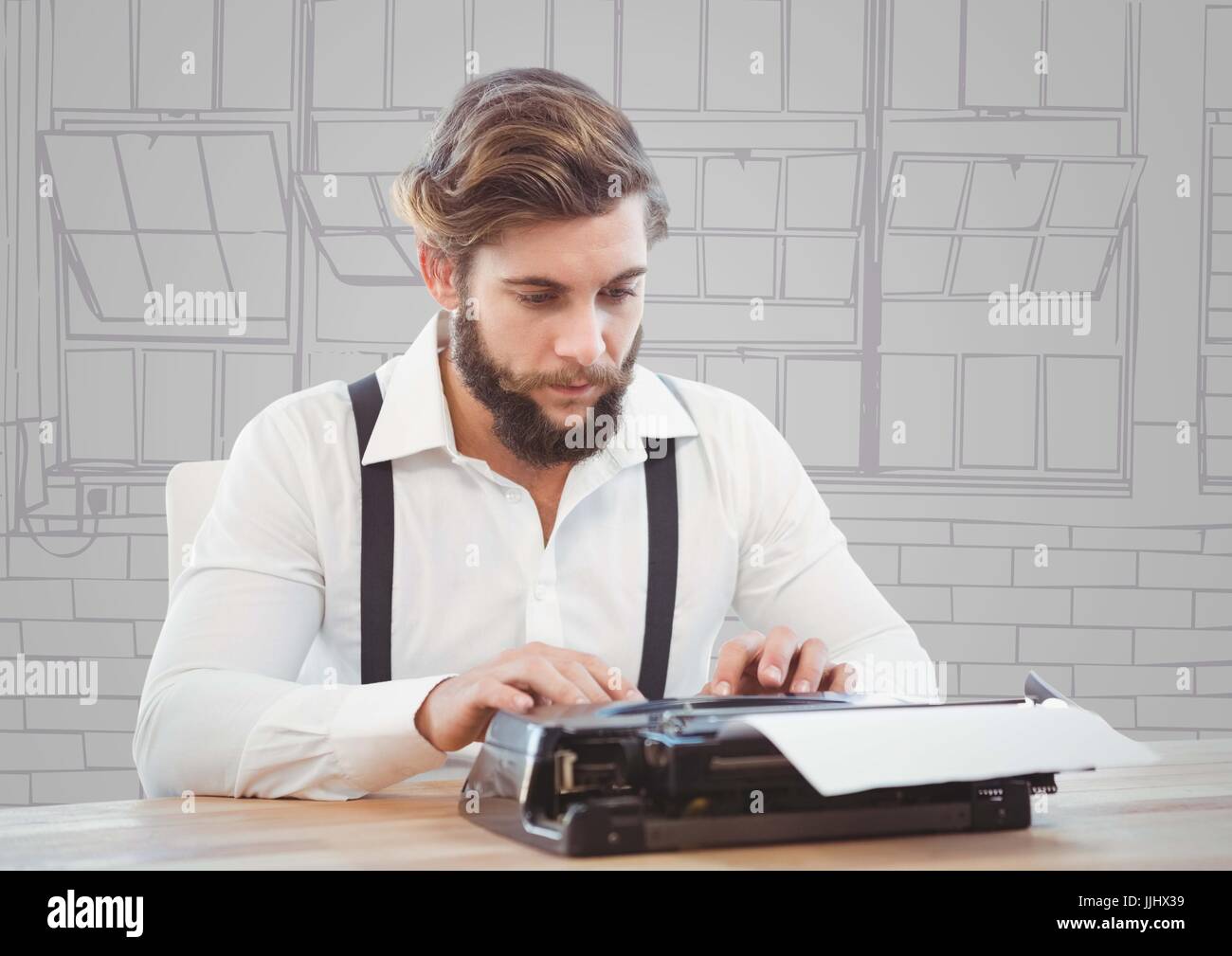 Tausendjährige Mann an Schreibmaschine gegen lila und grau Hand gezeichnet windows Stockfoto