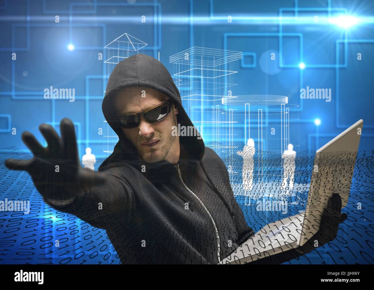 Hacker, die Verlängerung der Hand während der Arbeit am Laptop vor digitalen blauen Hintergrund Stockfoto