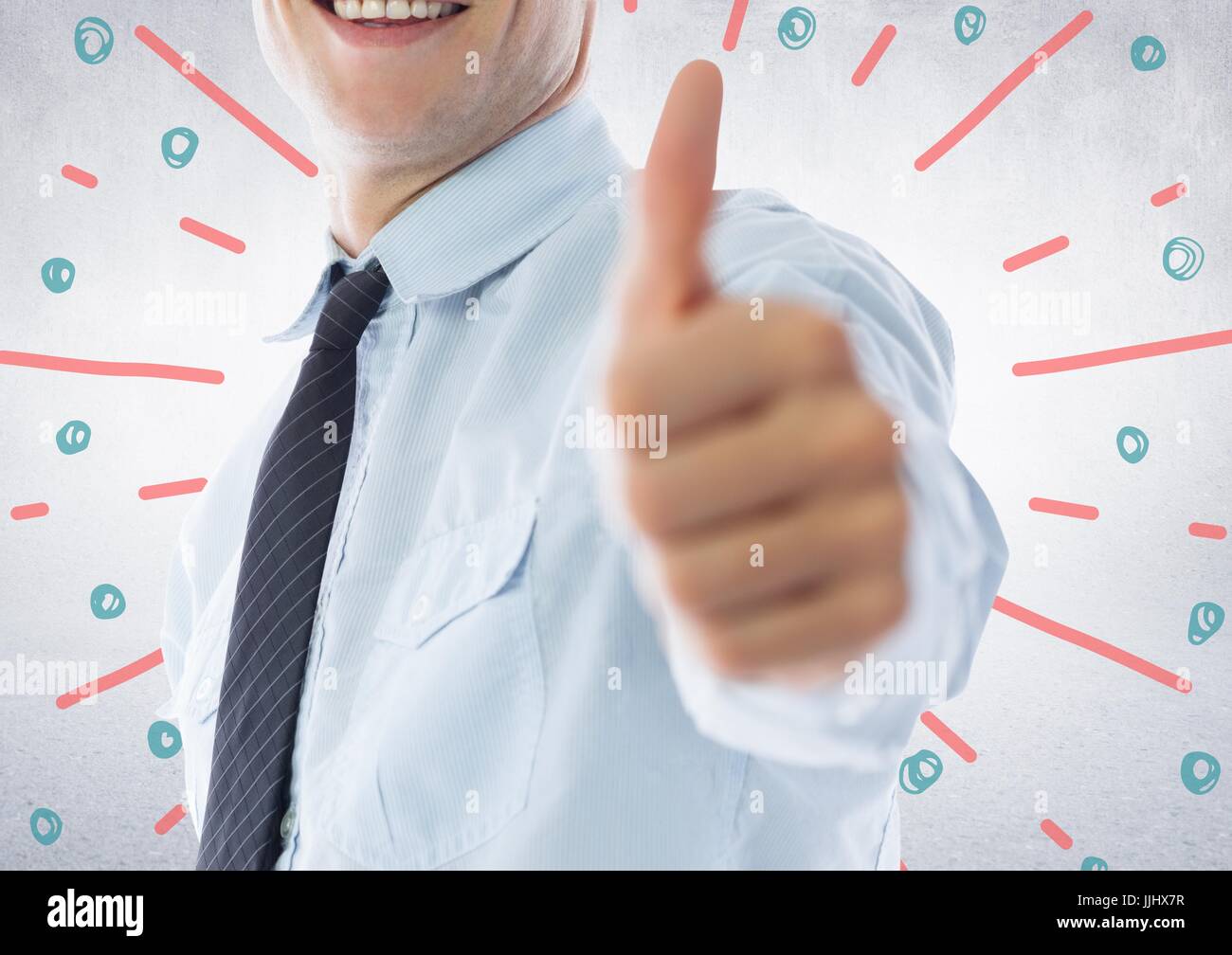 Business-Mann Mitte Abschnitt geben Daumen gegen weiße Wand mit roten, die blauen Feuerwerk doodle Stockfoto