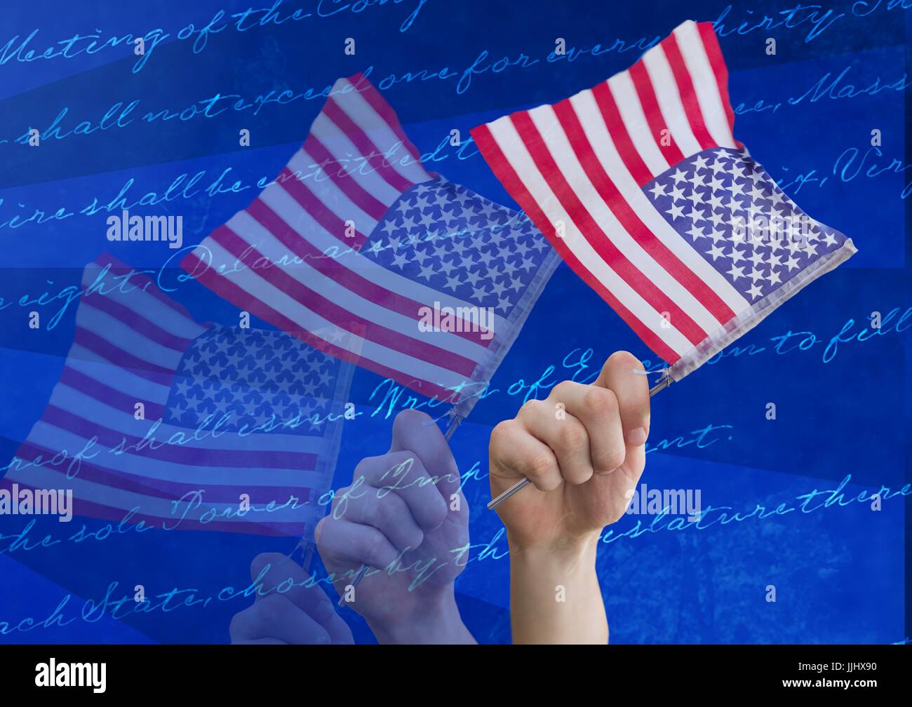 Hände halten amerikanische Flaggen Stockfoto