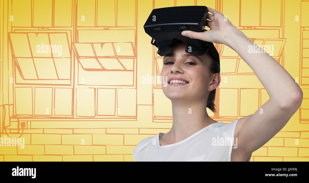 Frau in virtual-Reality-Kopfhörer gegen 3d gelb und orange Hand gezeichnet windows Stockfoto