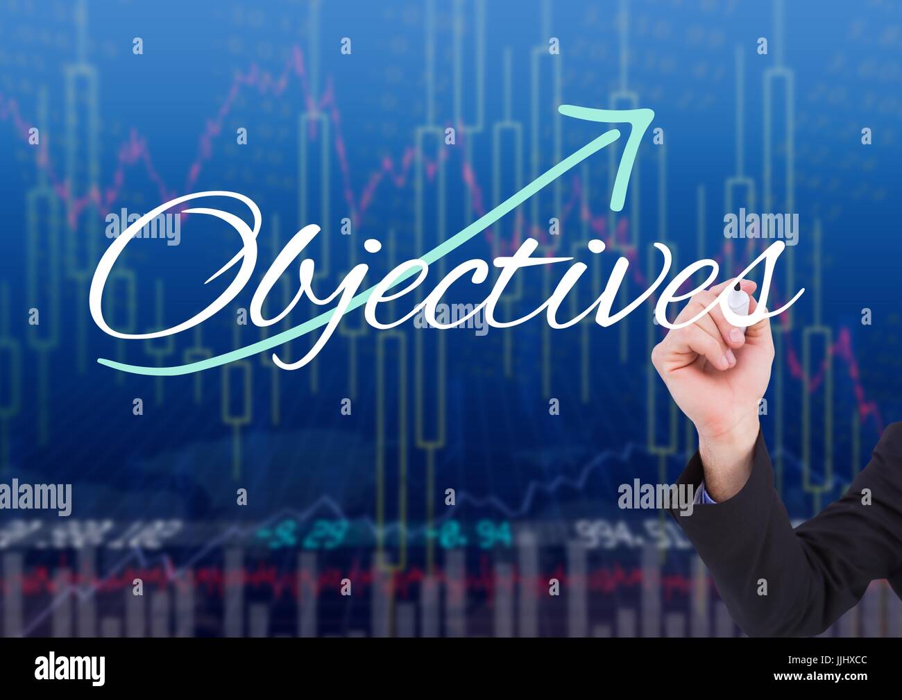 Hand der Unternehmer den Bildschirm mit Börse Hintergrund Ziele schriftlich Stockfoto