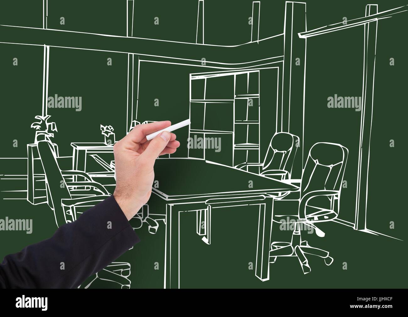 3D Hand Office Ziehanlagen in dunklem Hintergrund Stockfoto