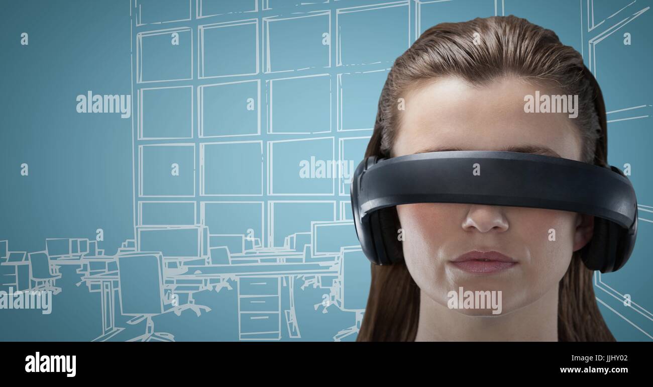 Frau in virtual-Reality-Kopfhörer gegen blau-weiß Hand gezeichnet Büro Stockfoto