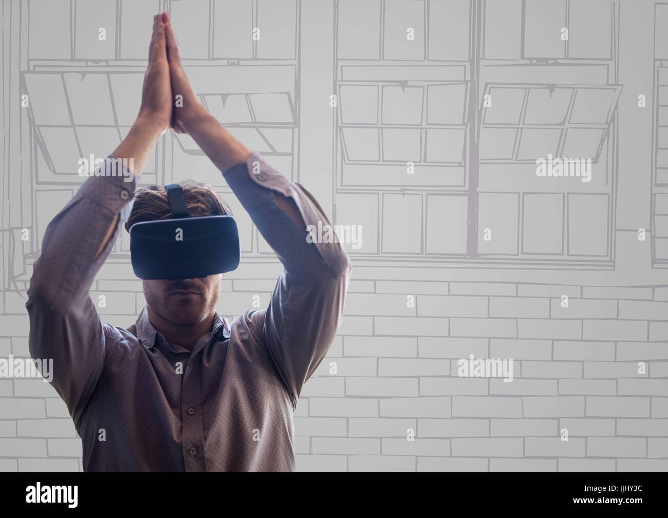 Mann in virtual-Reality-Kopfhörer gegen lila und grau Hand gezeichnet Büro Stockfoto